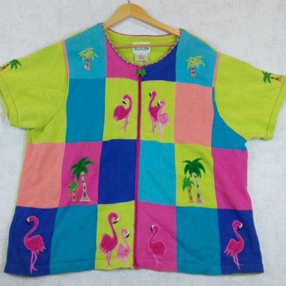 The Quacker Factory| VTG Colorful Flamingo  Zip Front Knit Cardigan Artsy Sz.2X